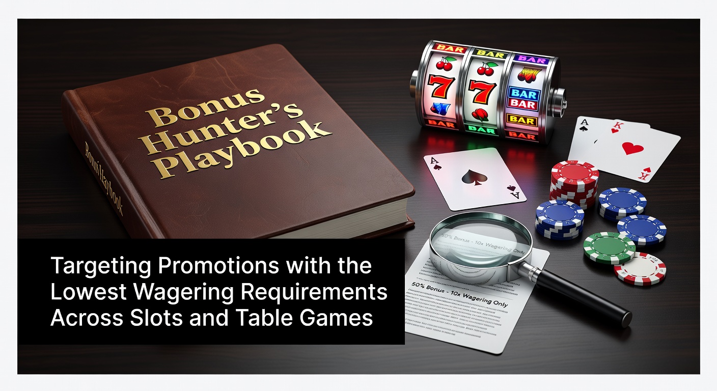 Casino player reviewing bonus promotions on a laptop screen, highlighting low wagering requirements for slots and table games