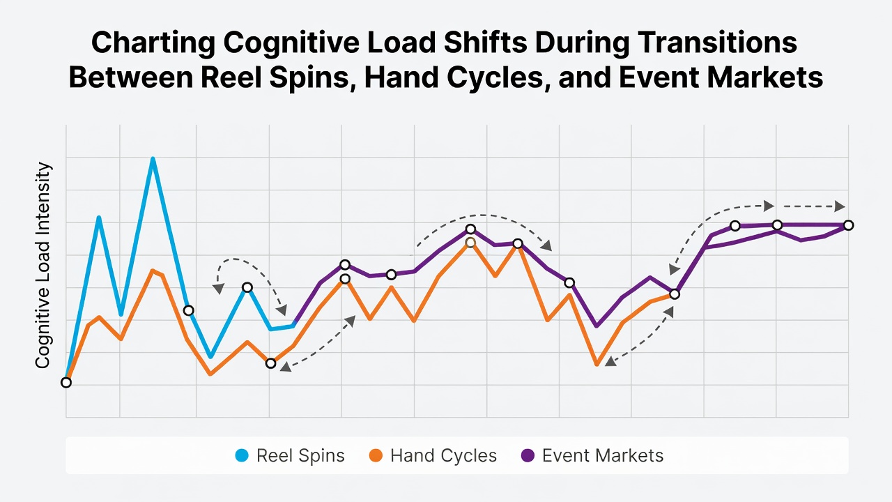Visualization of cognitive load patterns during transitions between different gambling activities including slots, poker, and sports betting