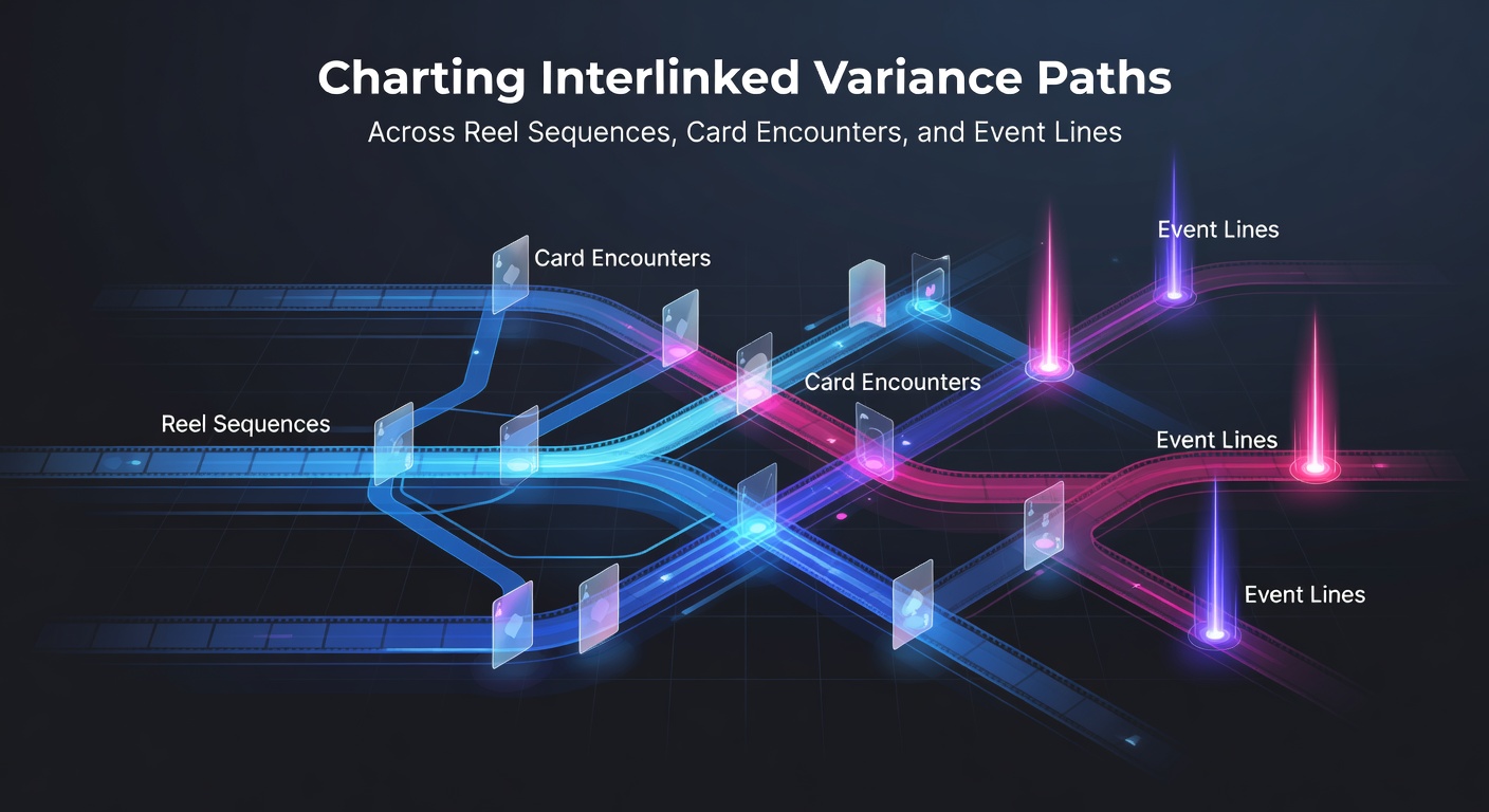 Visual diagram showing variance paths connecting slot reel sequences with card game outcomes and sports event lines