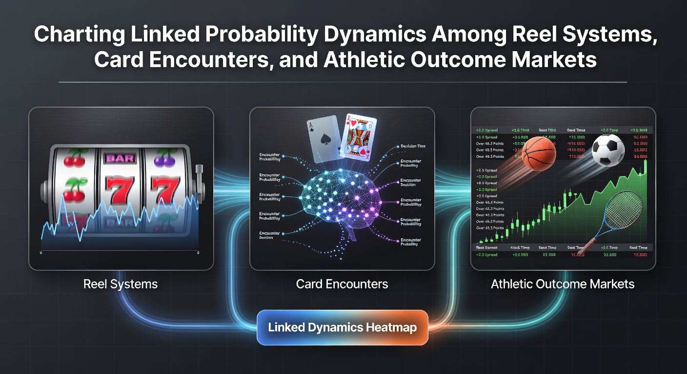 Visual representation of probability flows connecting slot reels, card games, and sports betting markets with data overlays and charts