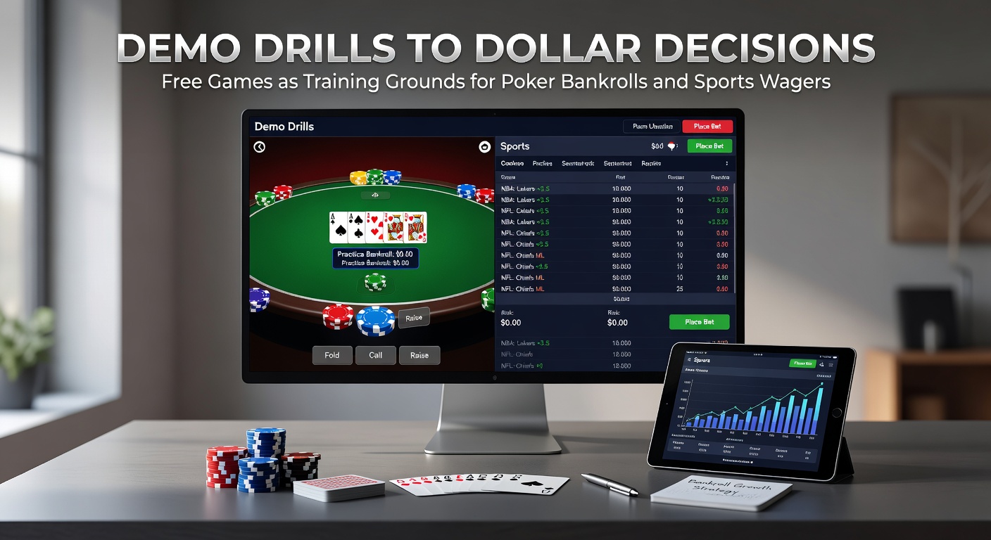 Online poker demo interface showing practice hands on a virtual table with chips and cards scattered across the screen