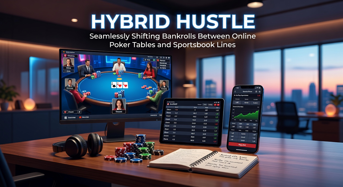 Digital dashboard showing poker tables and sportsbook odds side by side with seamless bankroll transfer interface