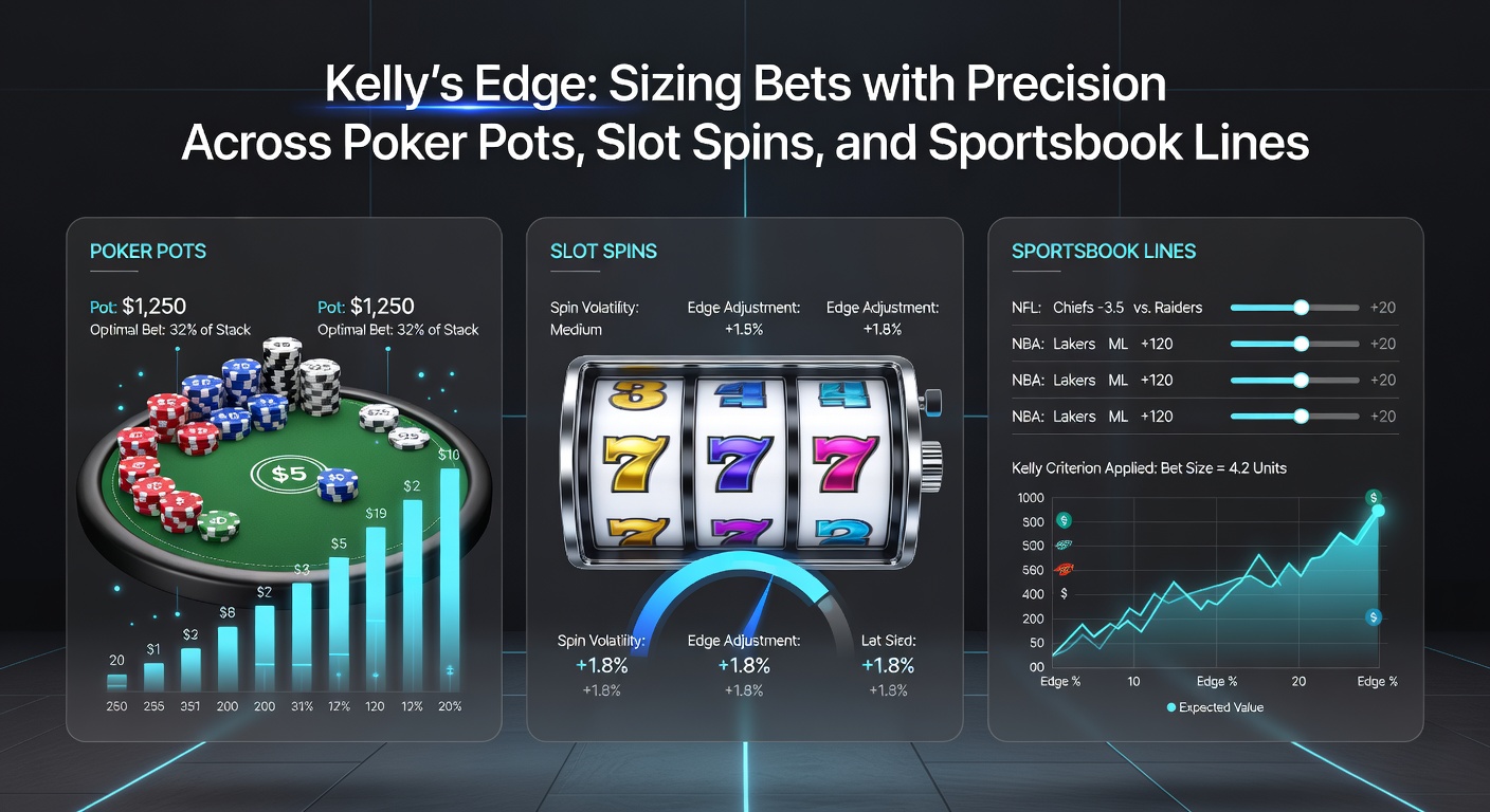 Slot machine interface displaying bet size options alongside a Kelly Criterion calculation overlay, highlighting optimal spin stakes for progressive jackpots