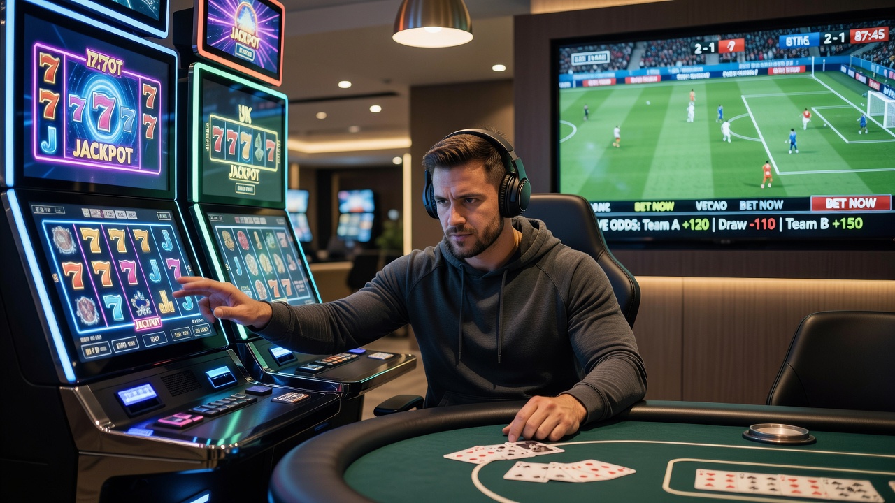 Illustration of a player switching between slot machines, poker tables, and sportsbook screens in a modern casino environment