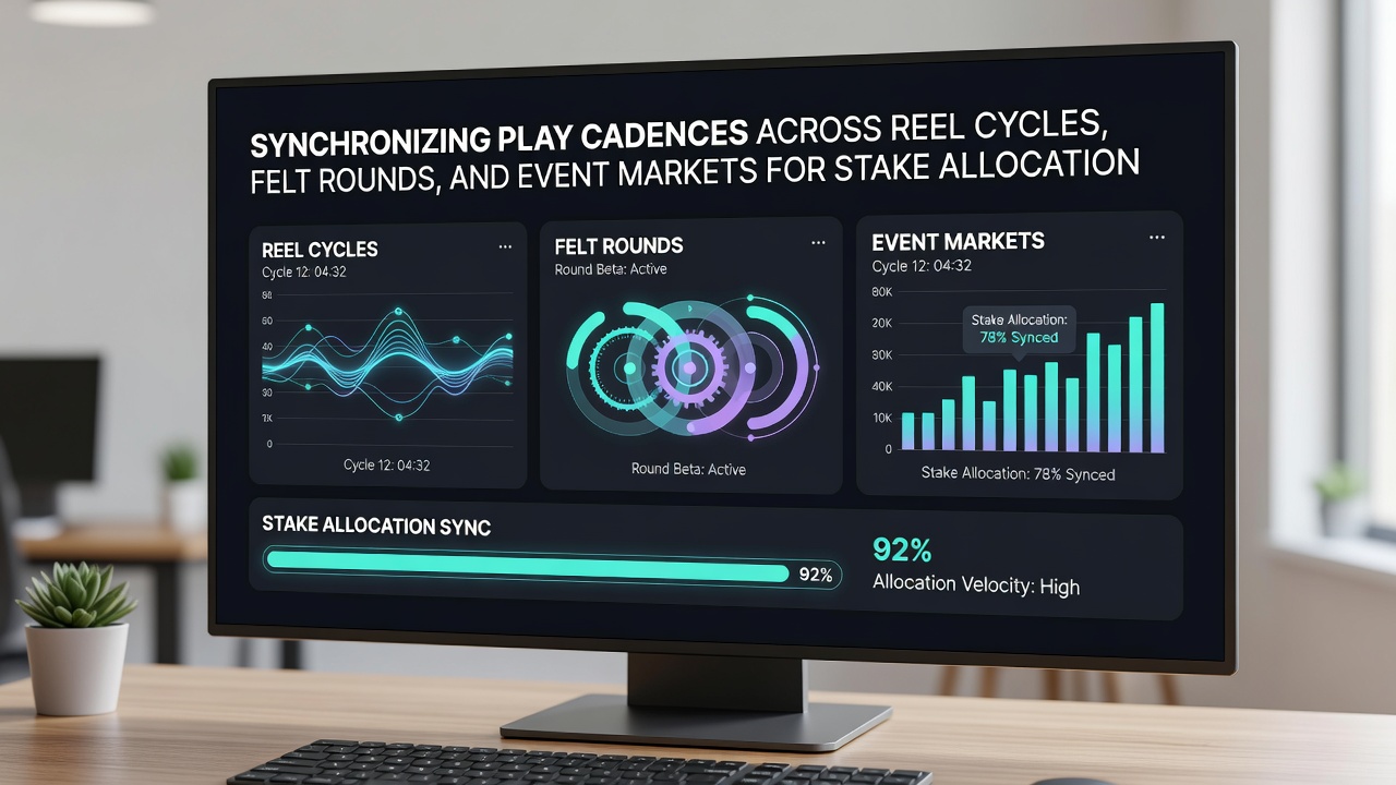 Infographic illustrating stake allocation flow between slot sessions, table rounds, and sports markets over a sample timeline